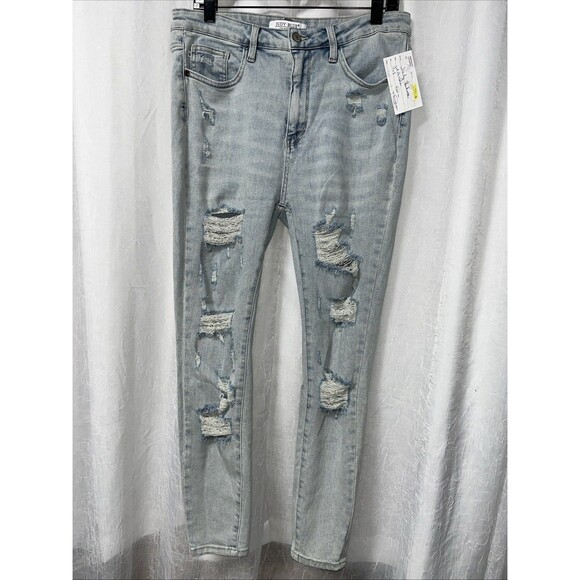 Judy Blue Denim - Judy Blue Mid Rise Light Wash Distressed Skinny Fit Destroyed Jeans Size 15 / 32